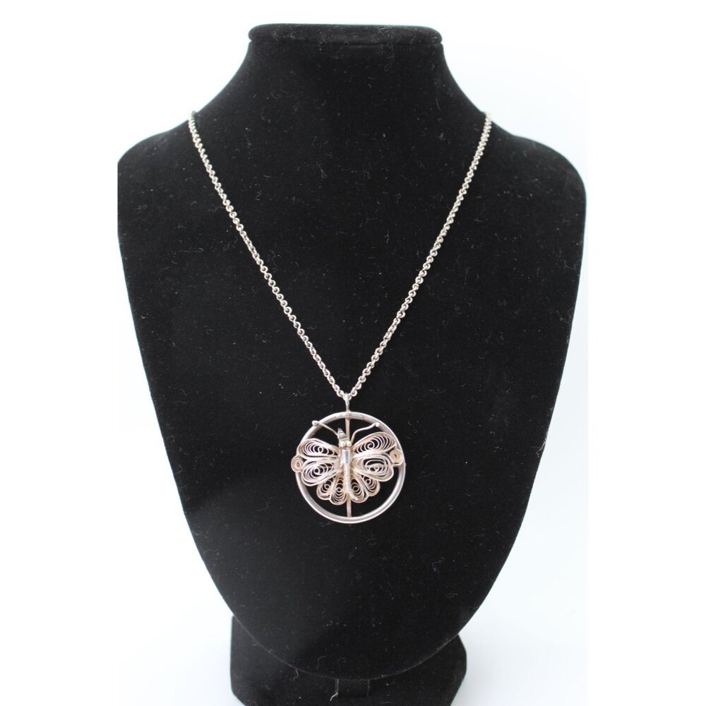 Mid Century Handmade Silver Filigree Butterfly Pendant Necklace | Artisan Wirewo